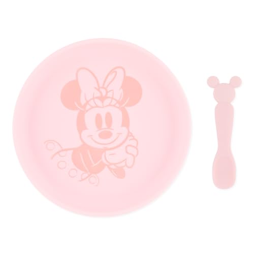 Image of Bumkins Disney Baby and Toddler Plate and Spoon Set, Silicone Dish for Babies and Kids, Baby Led Weaning, Children Feeding Supplies, Microwave Safe, Platinum Silicone, Ages 6 Months Up, Minnie Mouse