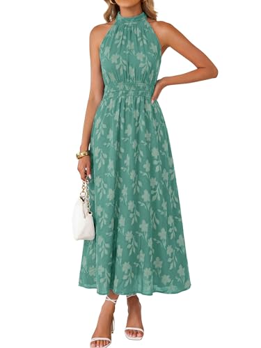 Image of Simplee Womens Summer Halter Maxi Dress Boho Floral Wedding Guest Dress Flowy Sleeveless Long Sundresses with Pockets