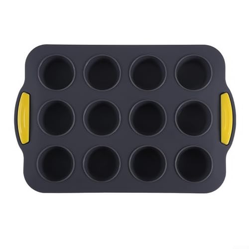 Molde de silicona antiadherente para magdalenas con 12 agujeros, bandeja para hornear con asa, diseñada para una fácil extracción de productos horneados y limpieza rápida en lavavajillas (gris 2)