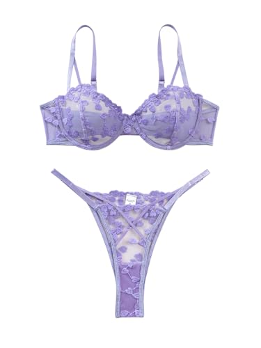 Image of Lilosy Sexy Underwire Cute Push Up Strappy Embroidered Mesh Sheer Lingerie Set See Through Panty Bra