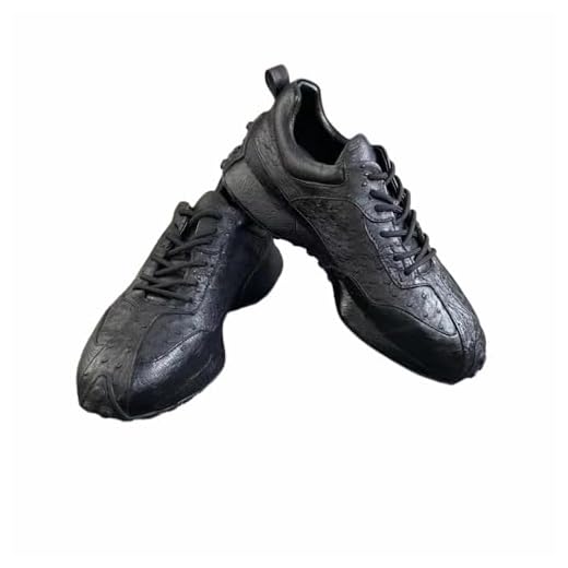 Authentic Real Ostrich Skin Clear Black Mid Top Tênis masculino com cadarço couro exótico genuíno masculino casual macio para uso ao ar livre sapatos rasos, Preto, 39