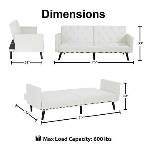 Jolene Tufted Split Back Futon, Mid Century Modern Convertible Sofa Bed For Small Rooms, Faux Leather Couch With Elegant Design, Perfect For Your Modern Living Room Or Guest Room - White, Faux Leather #TOP2