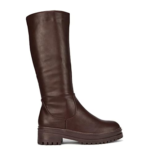 ESSEX GLAM Womens Long Biker Boots Flat Chunky Grip Sole Ladies Casual Calf Knee High Riding Shoes Size 3-8
