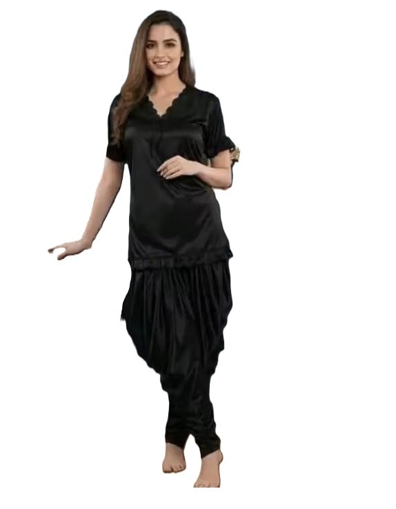 Women Comfortable Night Suit Set Satin Fabric Patiala Bottom V Neck Top Stylish Home Collection-image-22