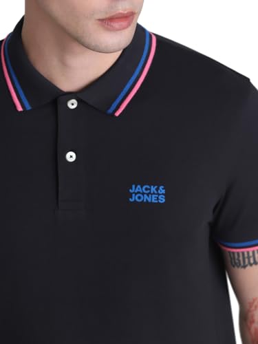 Image of Jack & Jones Men Cotton Solid Slim Fit Polo T-Shirt