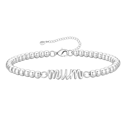 BMMYE Mum Bracelet Sterling Silver Beaded Bracelets for Women Sturdy Non Tarnish Personalised Mum Gift for Mothers Day Christmas Birthday Present for Mums
