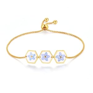 AUNTESIGN Forget‑Me‑Not Pressed Wildflower Bracelet | Gold/Silver Pressed Flower Bracelet | Pressed Flower Jewelry | Personalized Handmade Adjustable Jewelry | Gift For Women
