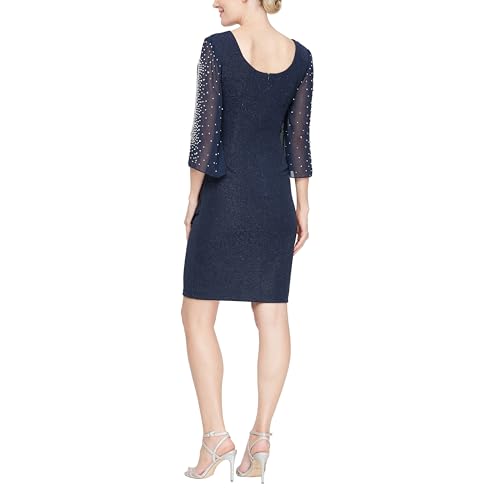 Image of Alex Evenings Women's Short Sheath Metallic Cocktail Dress w /Embellished Sleeves & Cascade Ruffle (Petite and Regular Sizes)