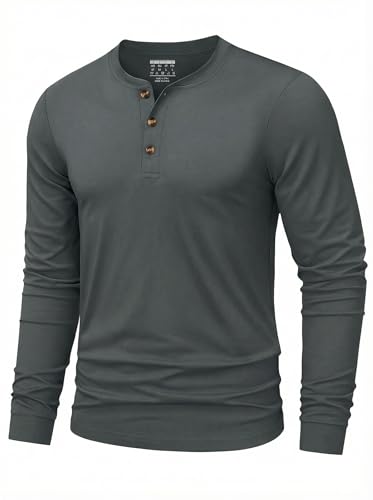 TACVASEN Mens Henley Shirts Long Sleeve Cotton T Shirt Mens Smart Casual Button Tops Grandad Plain Tshirts Dark Grey 2XL