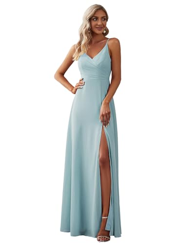 Ever-Pretty Robes de Demoiselle d'honneur Col en V sans Manche Mousseline Maxi Robe évasée Bleu Ciel 34