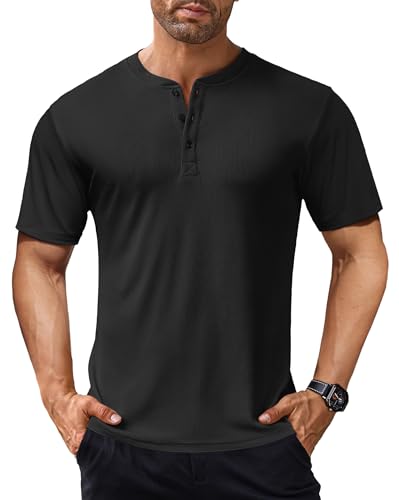COOFANDY Mens Muscle Henley T-Shirt Short Sleeve Slim Fit Tshirt Bodybuilding Athletic Tee Shirts, Black, X-Large