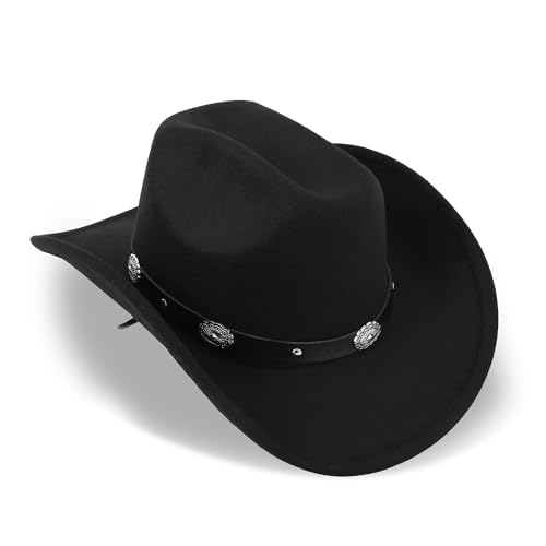 Cappello da cowboy e cowgirl classico in feltro nero con falda arrotolabile, per donne e uomini, decorazione con bukle per cintura in stile western