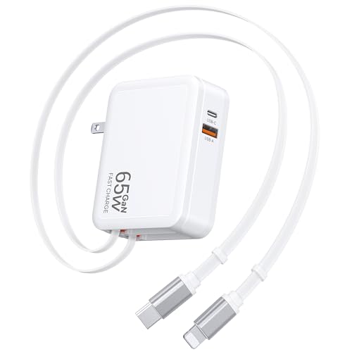 Image of 65W Retractable Wall Charger, USB C Charger Wall Plug with USB C & Apple Cable,Fast Charging Foldable Block Multi Charger,Travel Essentials Brick Multiport for i-Phone 17 /16 /15,iPad,Galaxy(1Pack)