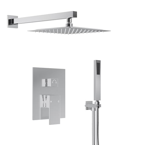 EVERSTEIN 10 High-Pressure Rainfall Shower System with Handheld Spray Wall Mount Bathroom Shower Faucet Set with Valve (Polished Chrome)