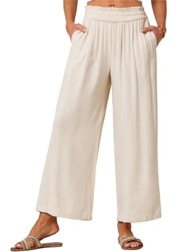 JASAMBAC 2024 Bohemian Pants for Women Casual High Waist Capri Linen Wide Leg Pants Apricot Beach Pants with Pockets S