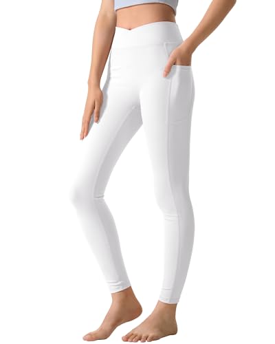 KEREDA Girls Athletic Leggings V Cross Yoga Pants Teen Girls with Pocket for Workout,Gym,Running,Dance White 13-14 Y