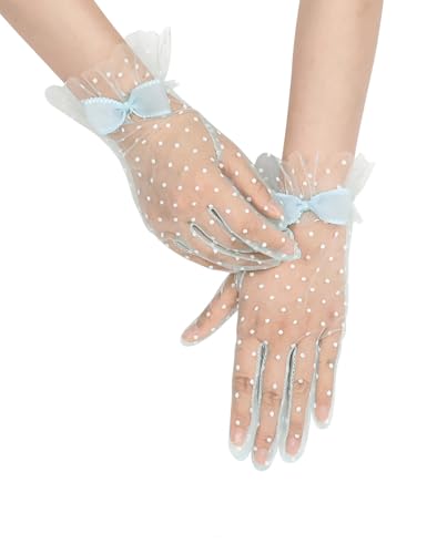 GRYUIRY Short Polka Dot Lace Gloves Bow Mesh Tea Party Gloves for Women Wedding Bridal Glove Hallowmas Prom Costume Blue