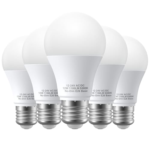 12V LED Light Bulbs 12W 1050LM Daylight 5000K 80W Equivalent 12-24Volt Low Voltage E26 Base AC/DC Light Bulbs for Off Grid Solar Lighting Marine Boat A19 RV Light Bulbs Landscape Garden Yard
