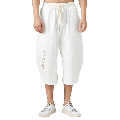 Pantalon court en coton brodé et lin respirant été casual