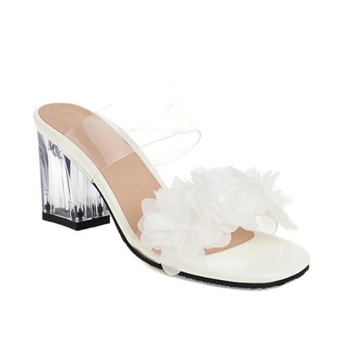 Sandalias de tacón transparente con puntera cuadrada abierta para mujer, sin espalda, sin espalda, para verano, vacaciones, zapatos de vestir, White, 38 EU