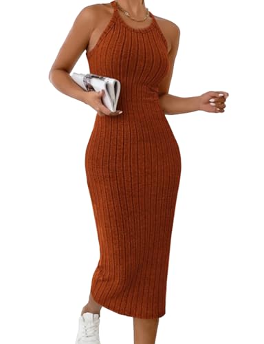 Sthxyfaith Summer Formal Dresses for Women Rib Sleeveless Knit Striped Print Halter Neck Bodycon Mini Dress Wedding Guest Dresses for Women Orange Large