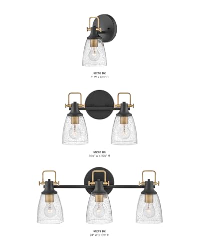 Image of Hinkley Easton Two Light Bath Vanity Fixture, Modern Industrial, Clear Seedy Glass Shade, Mounts Up or Down, Black and Heritage Brass