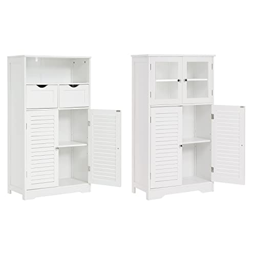 Weenfon Bathroom Cabinet Suit Of 2, Storage Cabinet With 2 Glass Doors & 2 Shutter Doors, Free Standing Floor Cabinet With 2 Shelves, For Living Room, Hallway, Home Office, White #TOP19