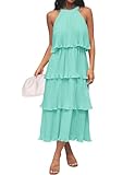 ZESICA Women's 2025 Summer Sleeveless Halter Neck Ruffle Tiered Layed Chiffon Flowy Swing Long Midi Dress,Mint,Medium
