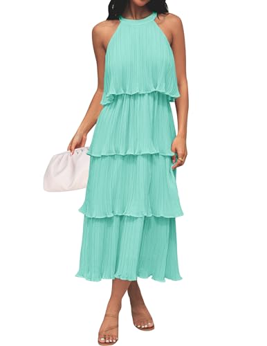 Image of ZESICA Women's 2026 Summer Sleeveless Halter Neck Ruffle Tiered Layered Chiffon Flowy Swing Long Midi Dress