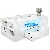 Blisswood Led Coffee Table with 2 Drawer Storage, High Gloss Coffee Table for Living Room Wooden Centre Table with RGB Led Lights Rectangle Tea Table for Living Room Furniture, White