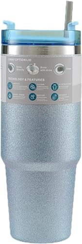 HomeCloud Travel Mug - 30 oz / 890 ml Double Wall Insulated Tumbler with Straw | Premium Steel Coffee Mug for Hot & Cold Drinks | Leak-Proof Design (Shimmer_Blue)