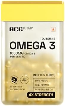 Ace Blend Outshine Omega 3 Fish Oil Capsules (180 Softgels) | 1650 Mg with 743 EPA & 528 DHA | 2 capsules for 4X Strength | No Fishy Burps | Supports Heart, Brain, Joints, Eye Health