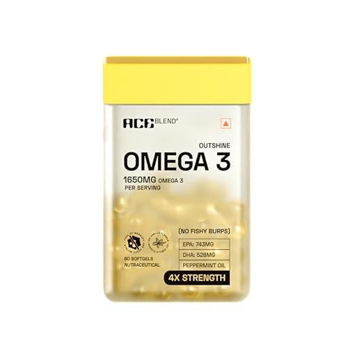 Ace Blend Outshine Omega 3 Fish Oil Capsules (60 Softgels) | 1650 Mg with 743 EPA & 528 DHA | 2 capsules for 4X Strength for Men & Women | No Fishy Bu