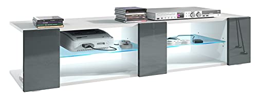 Vladon Buffet Bas Movie V2, Meuble TV avec 6 Compartiments Ouverts et placages décoratifs, Blanc Mat/Gris Haute Brillance, éclairage LED Bleu Inclus (134 x 29 x 39 cm)