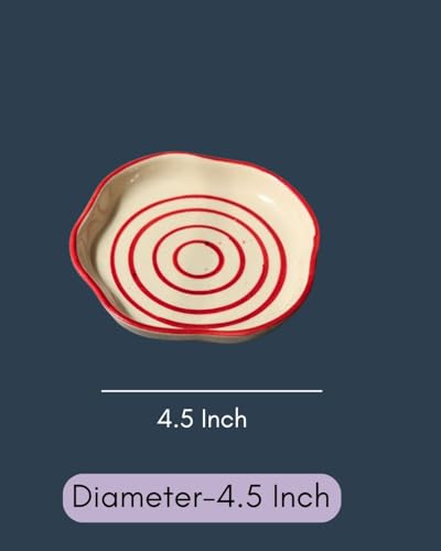 Image of WEAVING HOMES Red Lined Handmade Dessert Plate, Size: 11 cm Microwave & Dishwahsher Safe (Set of 1)