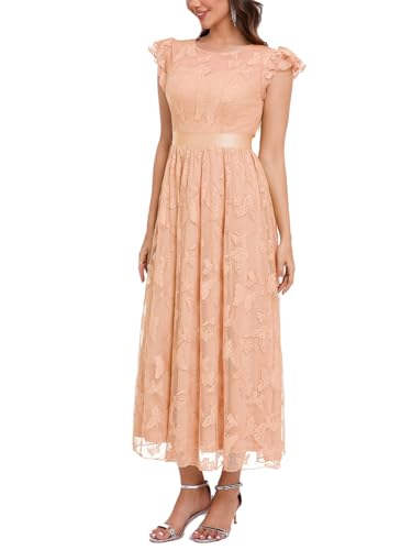Image of Women's Casual Tulle Midi Dress Ruffle Sleeve Crewneck Lace Flowy Dresses Party Wedding Guest Sundress