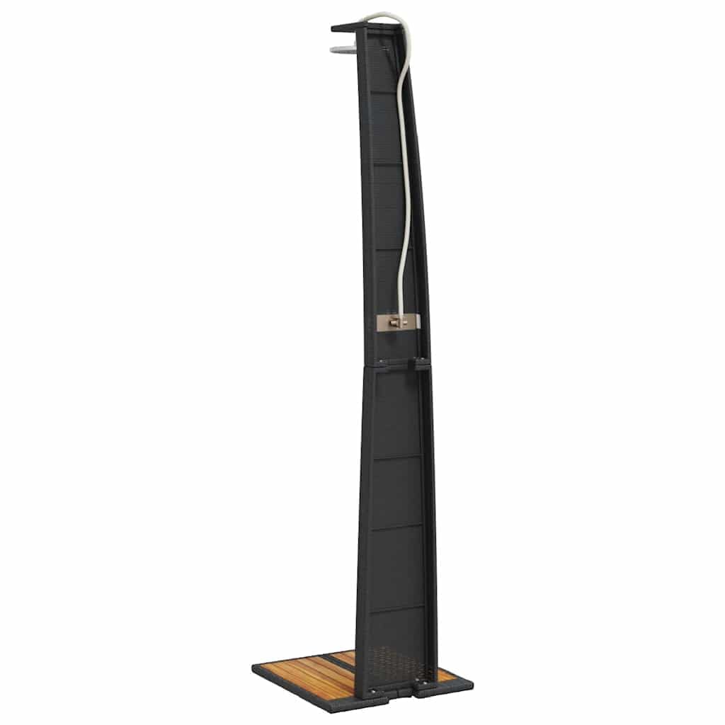 Doccia da giardino nera in polyrattan e legno di acacia, 55 x 60 x 224 cm, con telaio in acciaio verniciato a polvere, per giardino, esterni, terrazza, estate, spa, vasca idromassaggio