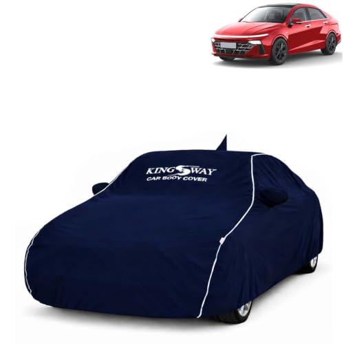 Image of KINGSWAY Super Waterproof Car Cover Only with Hyundai Verna (Year 2023 Onwards - All Model) | Mirror and Antenna Pockets | All Weather Car Body Cover with Silver Piping | Blue