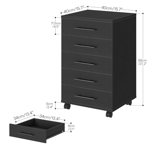 Image of HOOBRO 5-Drawer File Cabinet, Office Cabinet with Drawers, Wooden Storage Cabinet with Wheels for Makeup, Home Office, Study, Easy Assembly, Black BK05WJ01
