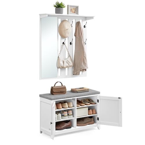 VASAGLE Ensemble Porte-Manteau avec Banc à Chaussures, Portant avec Miroir, 8 Crochets Doubles, Banc avec Étagère Réglable, Double Porte, Coussin Amovible, Largeur...