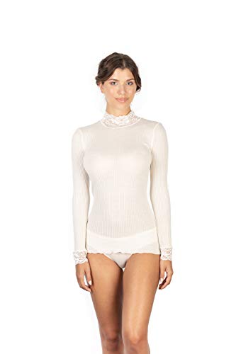 EGI ® Exclusive Collections Merino Wool Blend Top Lace Trim Long Sleeves. Proudly Made in Italy. (S/M, Off-White/Mock Neck)
