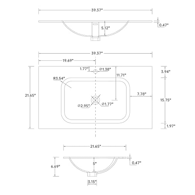 Penau Stone Resin Solid Surface Bathroom Vanity Basin Sink Matte White Durable Scratch Stain Resistant 39.4 x 21.7 x 6.7 Inchs
