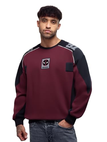 Image of The Souled Store Deadpool: Red Menace Men and Boys Long Sleeve Round Neck Burgundy Colour-Block Cotton Blend Drop Shoulder Streetwear Winter Ready Causual Heavy Fleece Oversized Fit Sweatshirt
