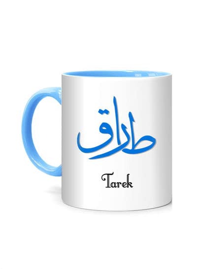 RYN PRINTED DESIGN Arabic Calligraphy Name Tarek Printed Mug White/Blue 10centimeter