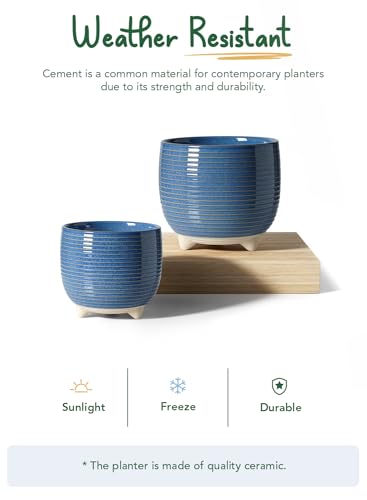 LE TAUCI Pot de Fleurs en Céramique, Pots sur Pieds 13+16 cm pour Plantes, Moderne pour la Maison et Le Bureau, Pot d’Intérieur avec Trou de Drainage, Bleu à Émail Réactif – Image 7