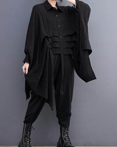ellazhu Women's Long Batwing Sleeve Funky Inregular Hem High Low Button Down Shirt GZ1273