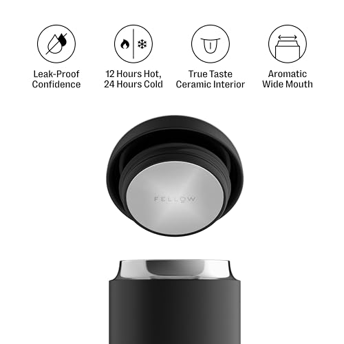 Fellow Carter Coffee Mug 16 oz For Travel - Wide Mouth Vacuum-Insulated Stainless Steel Tea and Coffee Tumbler with Ceramic Interior - Matte Black