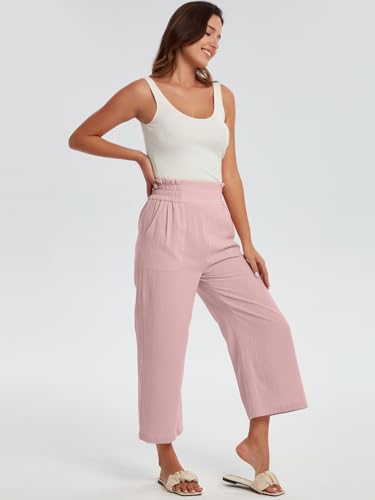 Les umes Womens Cropped Cotton Pants Elastic Waist Wide Leg Capris Casual Summer Trousers with Pockets3