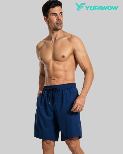 Image of Yufawow Men Swim Trunks with Compression 9 Inches Breathable Liner Quick Dry Zipper Pockets for Board Beach Gym Running