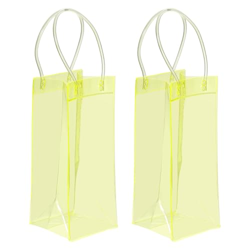 PATIKIL Ice Wine Bag, 2 Pcs Portable Collapsible Clear Wine Pouch Cooler Clear PVC Gift Bags with Handles for Champagne Party Outdoor Cold Beer Chilled Beverages, Bright Yellow